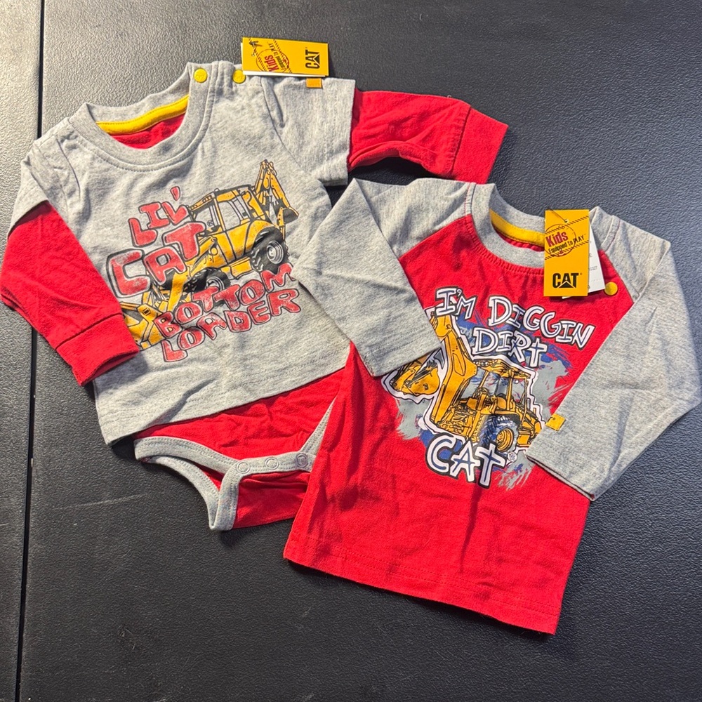 NWT Caterpillar Gray & Red Construction Graphic Long-Sleeve Tops